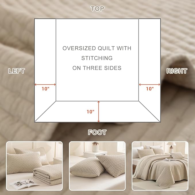 CozyTide Oversized King Bedspread 128"x120",Stone-Washed Cotton Wheat King Quilt Bedding Set Oversized,3 Pieces Soft Lightweight Extra Large Farmhouse Bedspread & Coverlet Sets