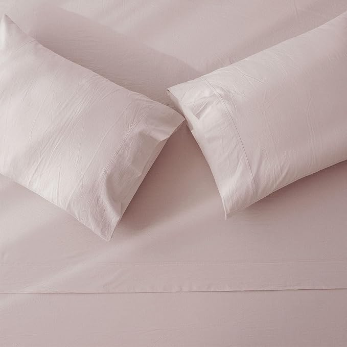 JIYUAN 100% Washed Cotton Sheet Set 4 Pieces Cal King,1 Fitted Sheet,1 Flat Sheet and 2 Pillowcases,Comfy and Breathable Linen Like Bedding Set,Heathered Greyish Pink