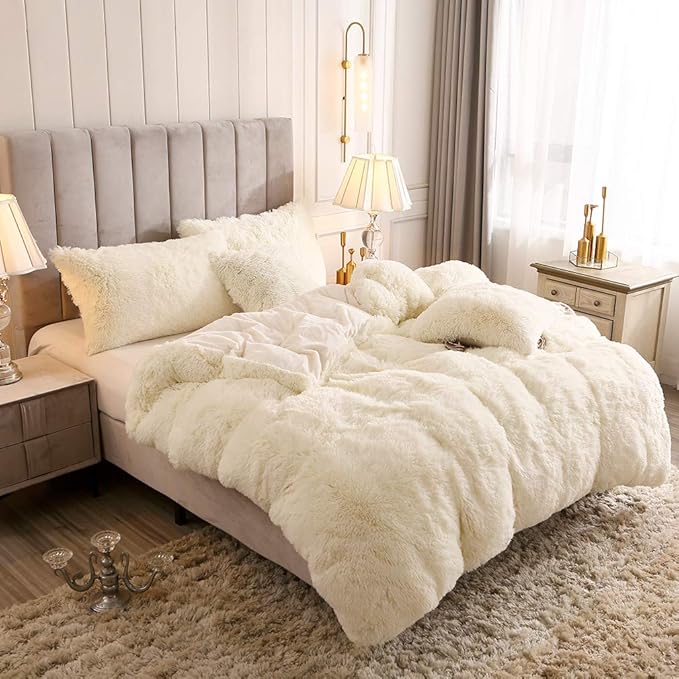 Uhamho Faux Fur Velvet Fluffy Bedding Duvet Cover Set Down Comforter Quilt Cover with Pillow Shams, Ultra Soft Warm (King, Cream)