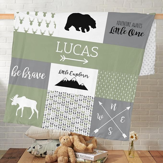 Custom Bear Baby Blanket for Boy, Baby Blanket with Name - 35 x 45 Inches Blankets with Double Layer Dotted Backing - Shower Gifts for Nursery - Essential Bebe Stuff, Reseda