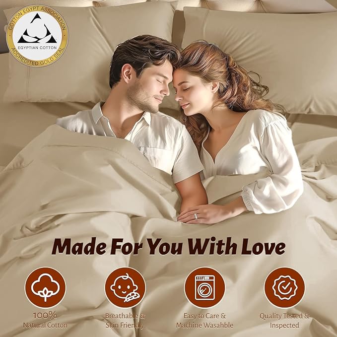Shilucheng 100% Egyptian Cotton King Size Sheets Set - 1000 Thread Count，Luxury Cotton Bed Sheets，Breathable & Cooling Bedding and Pillow Cases, 16 Inch Deep Pocket - 4 Piece (Beige, King)