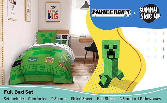 Sunny Side Up Minecraft Full Comforter Set - 7 Piece Kids Bedding Includes Comforter, Sheets & Pillow Cover - Super Soft Gamer Microfiber Bed Set