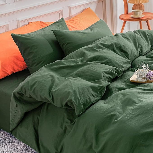 NEXHOME PRO Duvet Cover Set 100% Washed Cotton, Natural Linen Feel 3 Pieces Bedding Set with Zipper Closure & Corner Ties, Breathable Oversized King Forest Green (No Comforter)