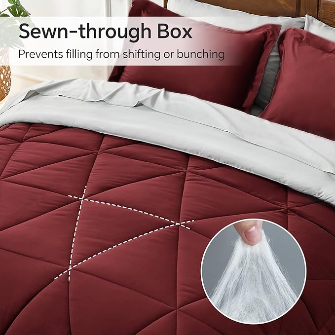 BEDELITE Full Comforter Set 7 Pieces Bed in A Bag - Soft Microfiber Reversible Burgundy Bed Set with Comforters, Sheets, Pillowcases & Shams, Cozy Luxury Bedding Sets for All Season