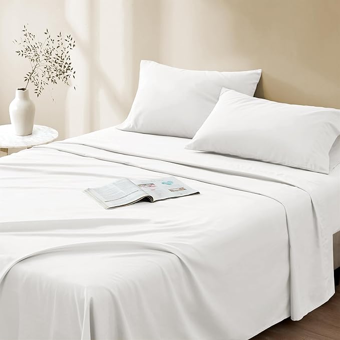 Comfort Spaces 100% Cotton Sheet Set Breathable, Lightweight, Soft with 14" Elastic Pocket Fits up to 16" Mattress, All Season Cozy Bedding, Matching Pillow Case, Cal King White 4 Piece