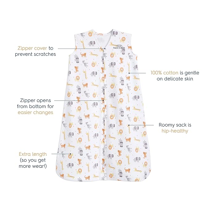 HALO SleepSack, 100% Cotton Wearable Blanket, Swaddle Transition Sleeping Bag, TOG 0.5, Jungle Cotton, Small, 0-6 Months