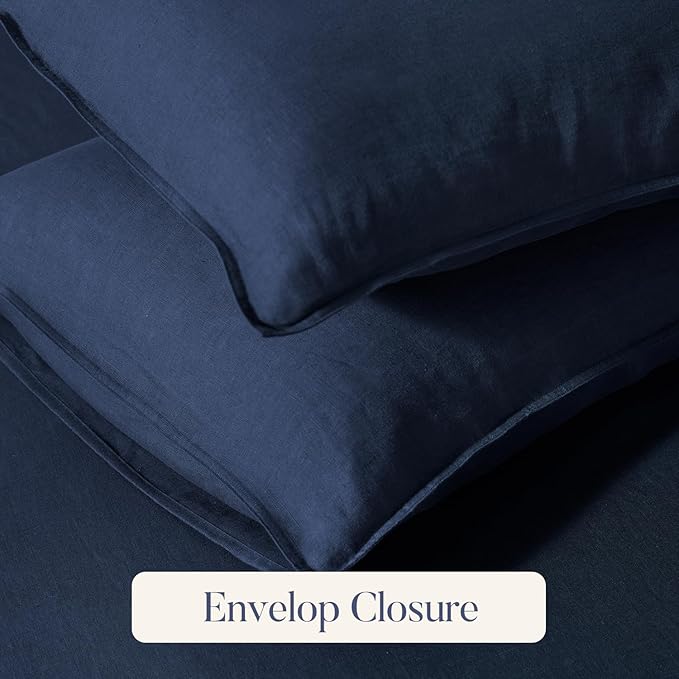 DAPU 100% Linen Duvet Cover Set - Pure Natural French Flax Linen with Corner Ties and Zipper Closure Soft Breathable Durable for Hot Sleepers 1 Duvet Cover 2 Pillowcases (Navy Blue, King)