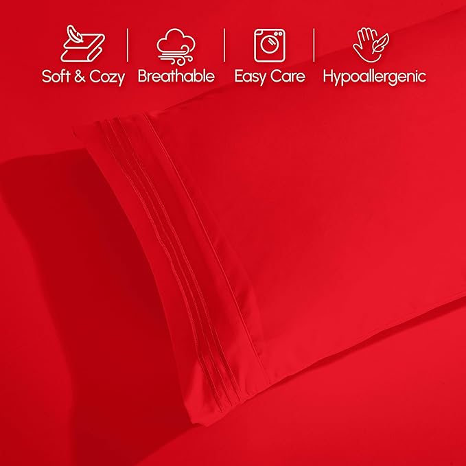 Elegant Comfort Luxurious 1500 Premium Hotel Quality Microfiber 4-Piece Sheet Set, 18-24 Inches Deep - Extra Deep Pocket Sheets - Ultra Soft 4PC Deep Pocket Sheets, King, Red