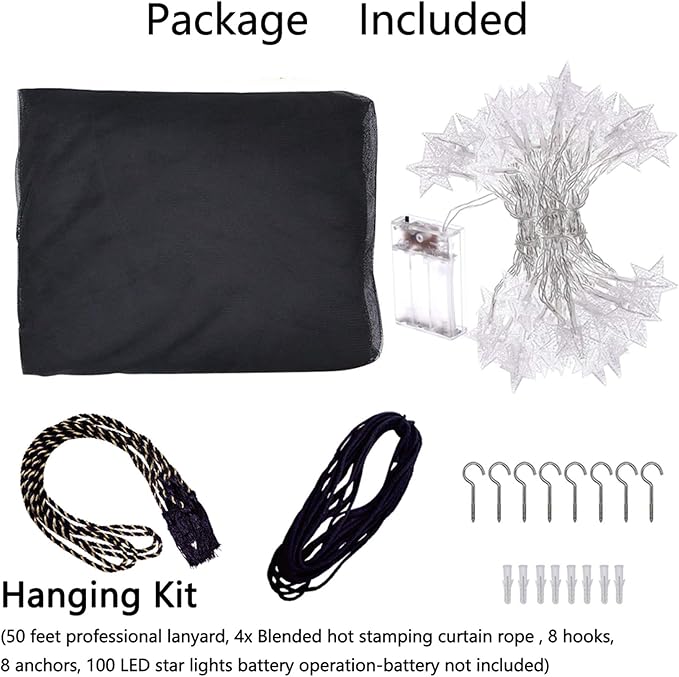 Comtelek 8 Corner Bed Canopy with 100 LED Star String Lights Battery Operated, Black Bed Netting Unique Style 4 Door Square Canopy Bed Curtains Canopy - Suggested for Twin Full Queen King Bed
