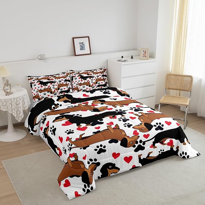 Feelyou Dachshund Bedding Set for Girls Boys Kids Sausage Dog Comforter Lovely Red Love Hearts Animal Paw Comforter Set Room Decor Cute Pet Dog Duvet Set Full Size Bedspreads Coverlet Sets 3Pcs Boys