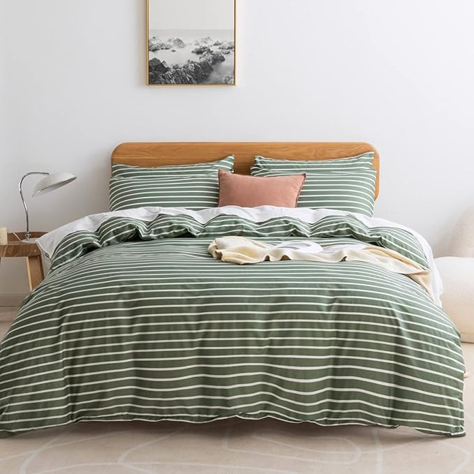 JELLYMONI Full Duvet Cover Set, Cotton Duvet Cover 3 Pieces with Zipper Closure, 1 Duvet Cover and 1 Pillowcases(Green with White Striped)