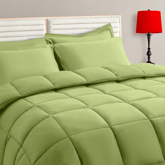 TAIMIT Sage Green Queen Size Comforter Set - 7 Pieces, Bed in a Bag Bedding Sets with All Season Soft Quilted Warm Fluffy Reversible Comforter,Flat Sheet,Fitted Sheet,2 Pillow Shams,2 Pillowcases