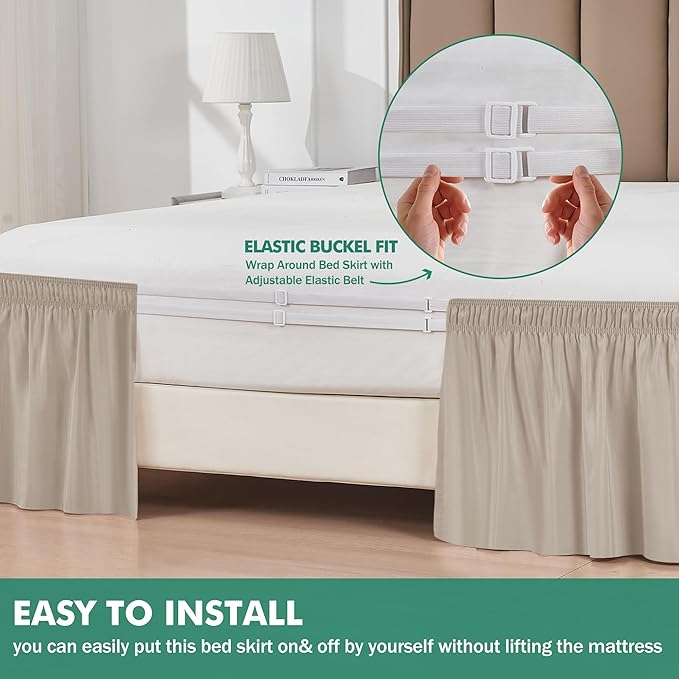Biscaynebay Wrap Around Bed Skirts with Split Corners for King Beds 18" Drop, Light Camel Adjustable Elastic Dust Ruffles Easy Fit Wrinkle Resistant Silky Luxurious Fabric Machine Washable