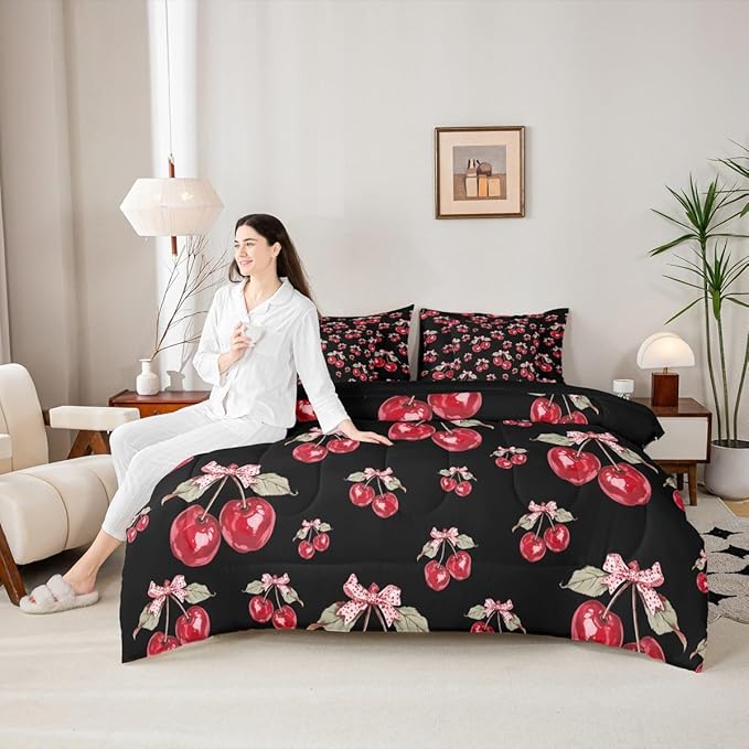 Feelyou Red Cherry Comforter Set with Sheets 7 Piece Twin Size Pink Bowknot Bedding Set for Kids Boys Girls Cartoon Cherry Bed in a Bag Cute Bow Room Decor Soft Lightweight Microfiber