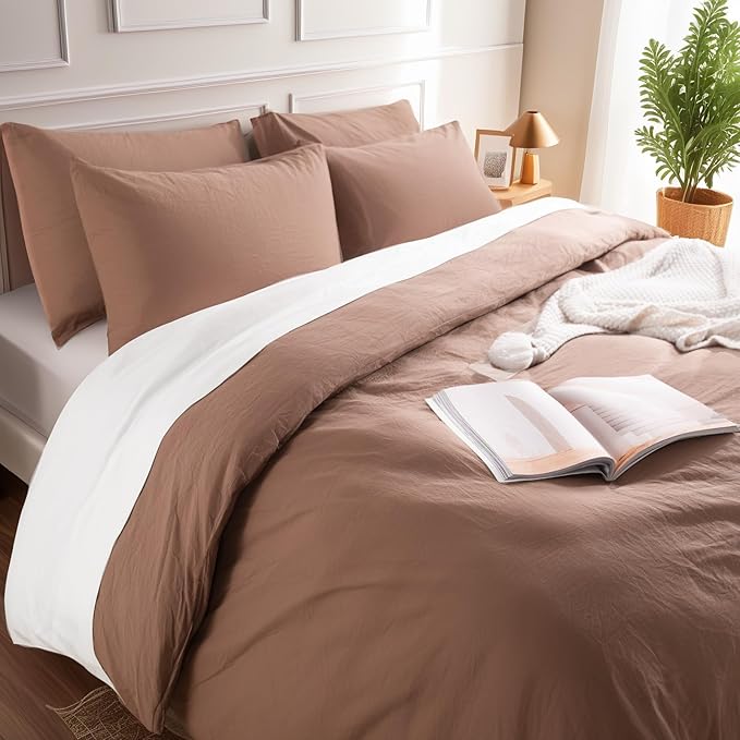 NEXHOME PRO Duvet Cover Set 100% Washed Cotton Oversized King 120"x98" Linen Feel Textured Organic Natural 3 Pieces Bedding Set Mocha Brown with Zipper Closure, Breathable(No Comforter)