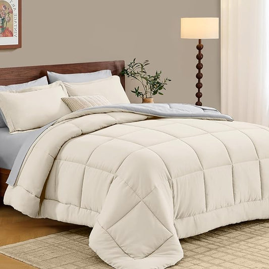 FUANNA Queen Comforter Set 7 Pieces, Reversible Bed in a Bag with All Season Soft Comforter, Bedding Sets Includes Comforter, Flat Sheet, Fitted Sheet, Pillowcases & Shams, Cream White & Light Grey