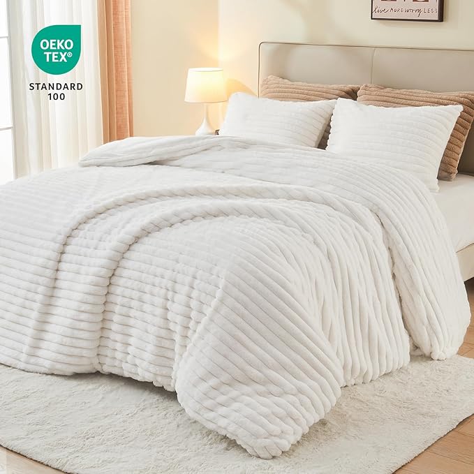 EMME Faux Fur Duvet Cover Twin Size, 2 Pieces Ultra Soft Fluffy Comforter Cover, Cozy Warm for Winter, Luxury Elegant Shaggy Striped Design Bedding, 1 Duvet Cover & 1 Pillow Shams (Twin, White)