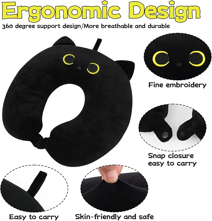 Kids Travel Pillow, Black Cat Travel Neck Pillow Cartoon Headrest for Kids Boys Girls, Soft U Shaped Travel Pillow for Kids, Airplanes, Cars, Long Trips, Home