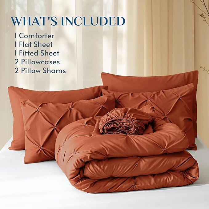 JOLLYVOGUE Full Size Comforter Sets 7 Pieces - Bed in a Bag Full for All Season, Pintuck Bedding Comforter Sets with Comforter, Flat Sheet, Fitted Sheet and Pillowcases & Shams, Burnt Orange