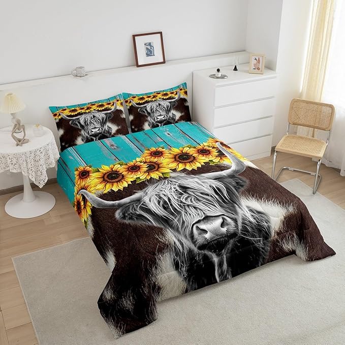 Highland Cow Bedding Set King Vintage Cow Fur Pattern Comforter Set For Kids Boys Girls Botanical Floral Quilted Comforter Farmhouse Western Cowboy Duvet Insert Retro Wooden Board Bedding, Blue Brown