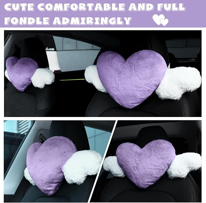 Macarrie 2 Pcs Plush Heart Shaped Pillow with Angel Wings Car Headrest Soft Comfortable Car Seat Pillow for Driving Travelling Room Office Car Decor, 19.7 x 8.3 Inch (Purple)