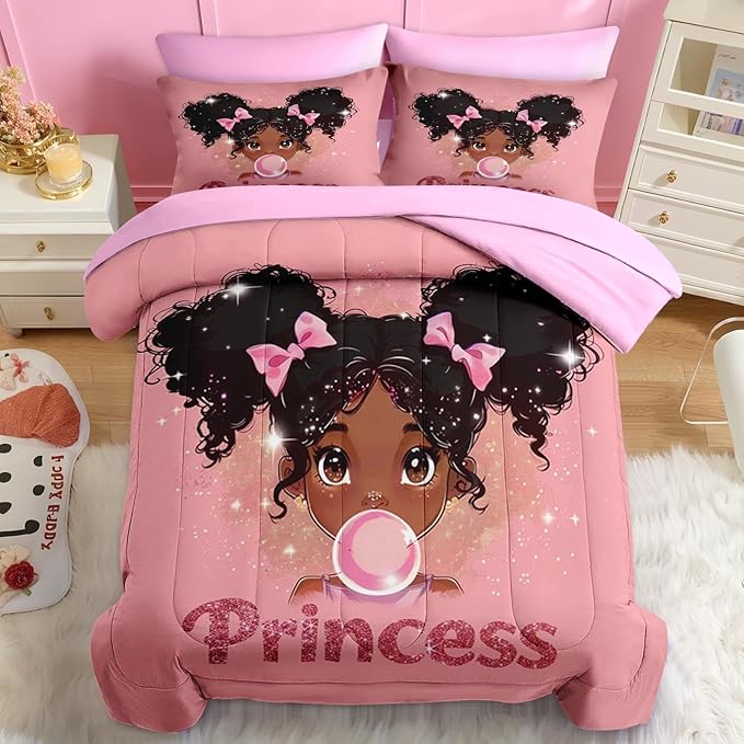 Nesker 7 Pcs Comforter Set Queen Size, African American Princess Bubbles Bedding for Kids Teen, Pink Black Girl with Fitted Sheet 2 Pillowcases & 2 Shams for Bedroom Bed Decor