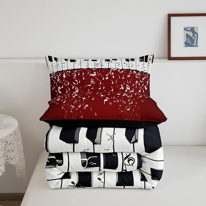 Erosebridal Music Notes Comforter Set for Kids Boys Teens Men Piano Keys Down Comforter Full Size Rock Musical Bedding Set Play Piano Duvet Sets Music Bedroom Decor with 2 Pillow Cases Red Black