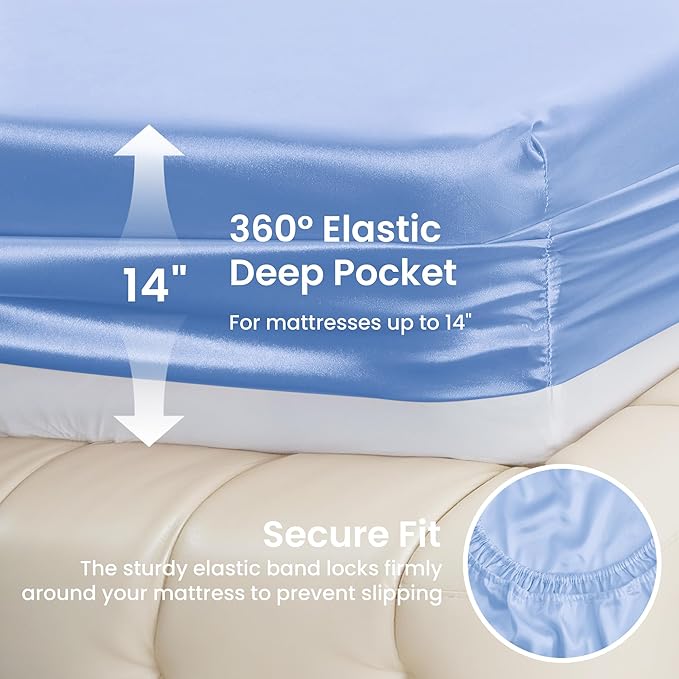 Love's cabin Satin King Sheet Sets - 4 Piece Sky Blue Silky Sheets King Size Bed with Deep Pocket, Luxury Silk Feel King Size Satin Sheet Set (1 Flat Sheet,1 Fitted Sheet,2 Pillow Cases)