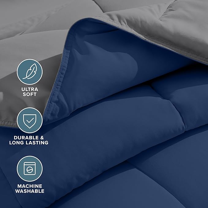 Bare Home Reversible Bed-in-A-Bag Comforter & Sheet Set - California King - Down Alternative - Soft - Bedding Set (Cal King, Dark Blue/Grey, Dark Blue)