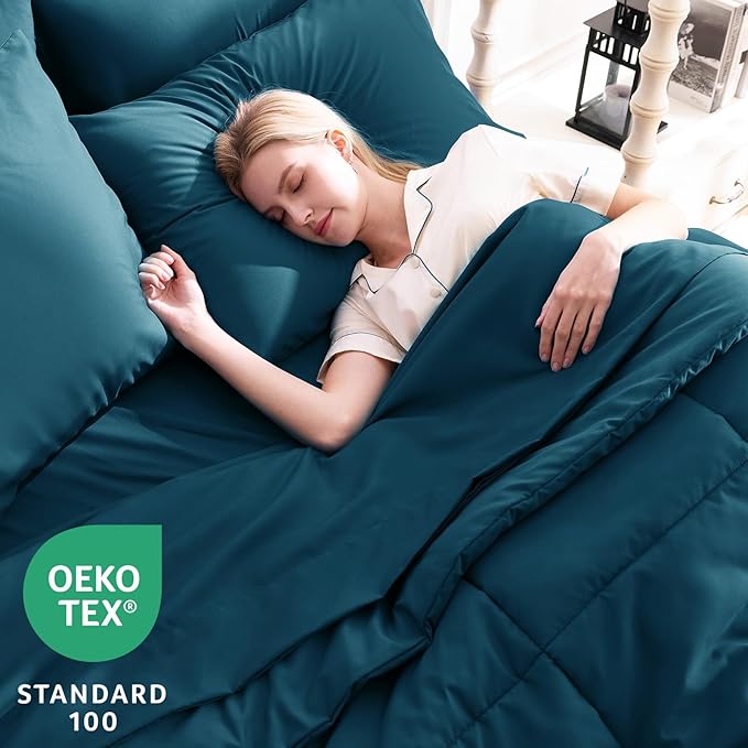 CozyLux Queen Size Comforter Sets Lyons Blue, 7 Pieces Bed in a Bag, Blue Comforter Queen Size, All Season Bedding Sets with Stitch Quilted Comforter, Flat Sheet, Fitted Sheet, Pillowcases
