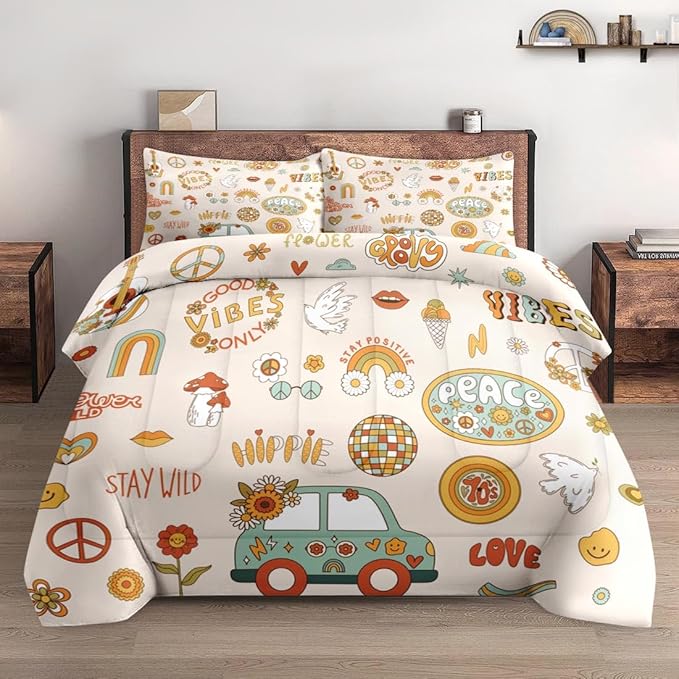 Queen Size Comforter Set with 2 Pillowcases, Retro 70S Funny Hippie Psychedelic Soft 3 Pcs Bedding Set for Kids and Adults Bedroom Bed Decor