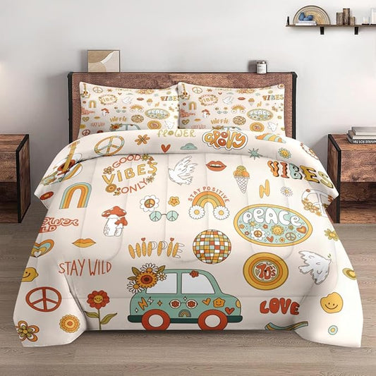 Queen Size Comforter Set with 2 Pillowcases, Retro 70S Funny Hippie Psychedelic Soft 3 Pcs Bedding Set for Kids and Adults Bedroom Bed Decor
