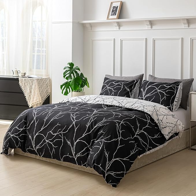 Lekesky Reversible Duvet Cover Queen Size, Black Branch Comforter Cover Queen 3pcs Microfiber Botanical Bedding Set with Zipper Closure Corner Ties