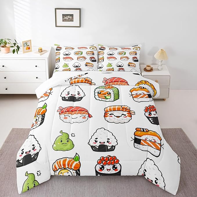 Feelyou Sushi Pattern Comforter Set Japanese-Style Bedding Set for Kids Boys Girls Teens Food Theme Comforter Cute Cartoon Japanese Sushi Duvet Set Room Decor Quilt Set Queen Size Microfiber