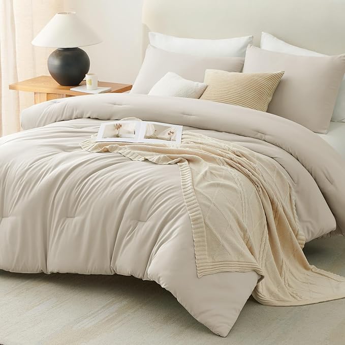 CozyLux Oatmeal Queen Comforter Set, 3 Pieces Solid Breathable Quilted Style Bedding Sets, Luxury Soft Fluffy Bed Set with Down Alternative Comforter for All Season (1 Comforter & 2 Pillowcases)