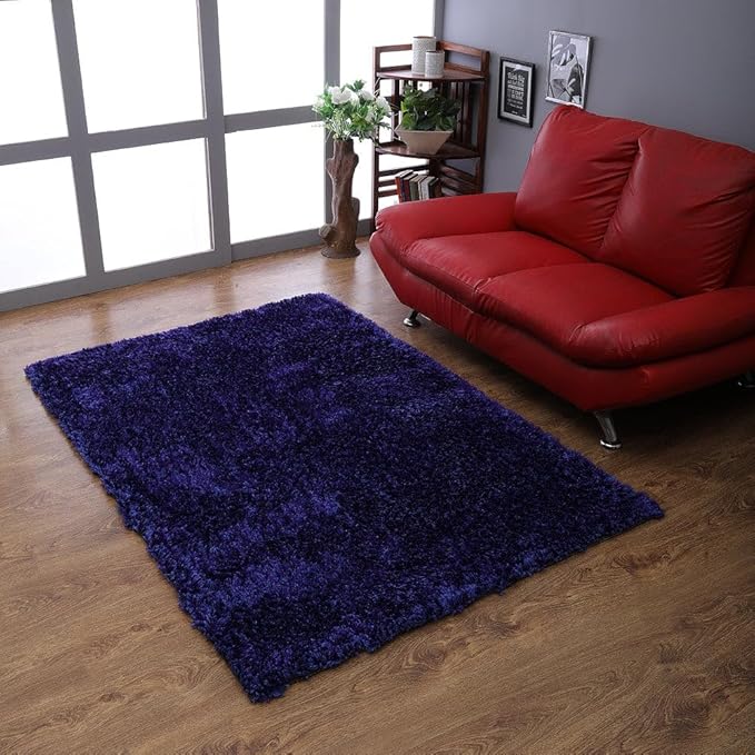 Hand Tufted SHAG Polyester ECO-Friendly Area Rugs - 5'x8', Rectangle, Blue, Solid Plain Design, High Pile Thick Handmade Anti Skid Area Rugs for Living Room, Bed Room K00111