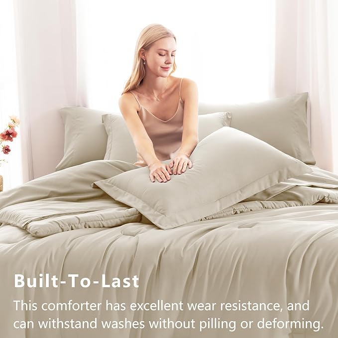 CozyLux Queen Comforter Set Oatmeal, 7 Pieces Bed in a Bag Soft Bedding Comforter Set with Sheets, All Season Boho 7PC Bed Sets with Comforter, Fitted Sheets, Flat Sheets, Pillow Shams and Pillowcases