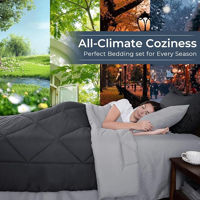 HEVUMYI Oversized Queen Comforter Set - 7-Piece All Season Bed in a Bag Oversized Queen, Ultra Soft Bedding Set with Comforter, Flat Sheet, Fitted Sheet, Pillowcases, Dark Grey & Light Grey