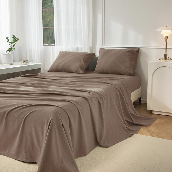 JIYUAN 100% Washed Cotton Sheet Set 4 Pieces Queen,1 Fitted Sheet,1 Flat Sheet and 2 Pillowcases,Comfy and Breathable Linen Like Bedding Set,Light Brown