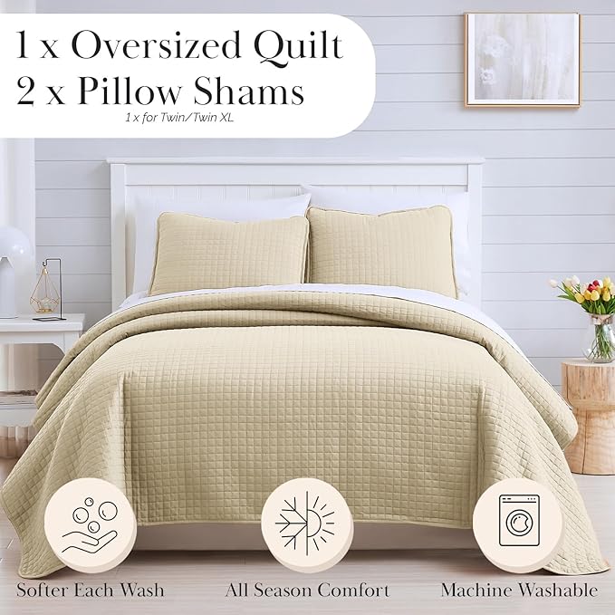 Southshore Fine Living, Inc. Quilts, Full/Queen Size Quilt Bedding Set, Easy Care Stain & Pet Hair Resistant Bedding, Coverlet Queen Size/Full Size Beige Bedspread with 2 Pillow Shams, Soft Sand