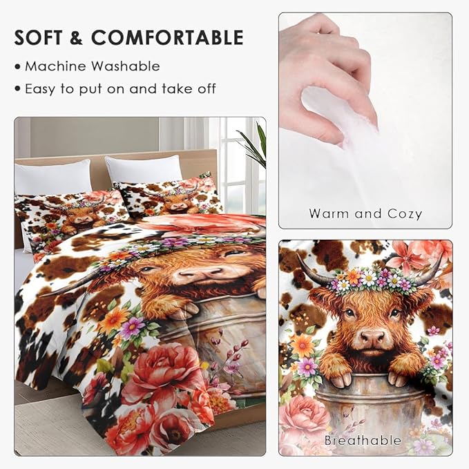 Queen Size Comforter Set with 2 Pillowcases, Flower Cute Cow Print 3 Pcs Bedding for Kids and Adults, Happy Highland Bull Soft Comforter Set for Bedroom Bed Decor