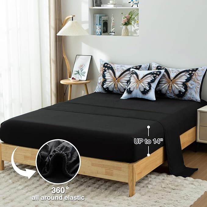 A Nice Night Queen 6pcs Bed in A Bag Black and Glod Dreamy 3D Butterfly Pearl Flower Design, Butterflies Printed Bedding Queen Comforter Set, for Girls Kids Teens