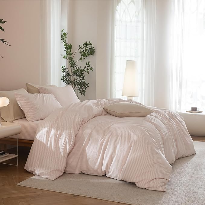 JIYUAN 100% Washed Cotton Striped Duvet Cover Set 3 Pieces Queen, 1 Duvet Cover and 2 Pillowcases(Comforter Not Included),Linen Like Comfy and Breathable,Pinstripes - Greyish Pink White