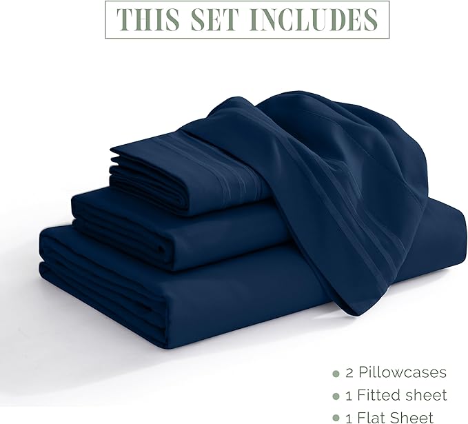 Elegant Comfort Luxurious 1500 Premium Hotel Quality Microfiber Three Line Embroidered Softest 4-Piece Bed Sheet Set, Wrinkle and Fade Resistant, RV Short Queen, Navy