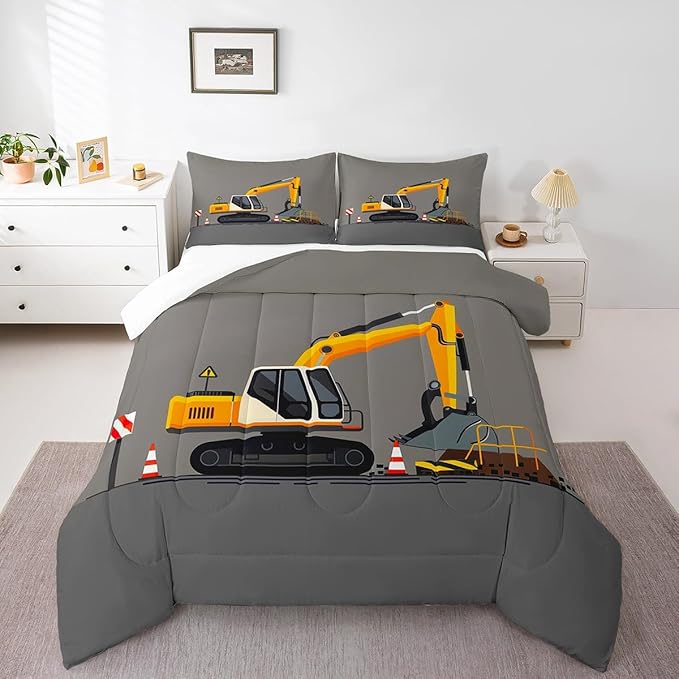 Feelyou Excavator Comforter Set Boys Cute Vehicles Truck Car Print Bedding Set Kids Cartoon Machinery Cars Comforter for Teens Room Decor Construction Site Duvet Set King Size Boys