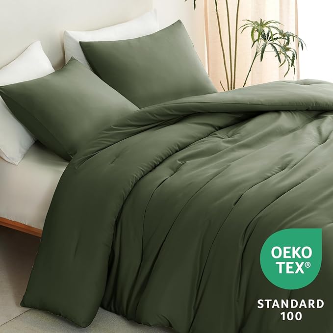 CozyLux Oversized King Comforter Set Olive Green, 3 Pieces 120x98 Solid Breathable Quilted Style Bedding Sets All Season, Luxury Soft Down Alternative Comforter Bed Set (1 Comforter & 2 Pillowcases)