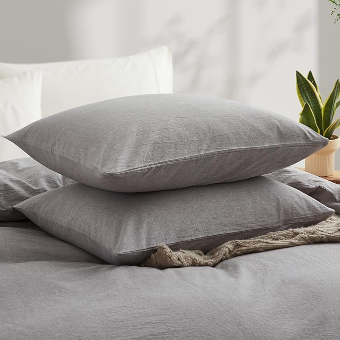 LOVQUE Light Grey Cotton Duvet Cover Twin Size, Linen Like Natural Bedding Set with Zipper Closure (No Comforter), 68x90 Inches