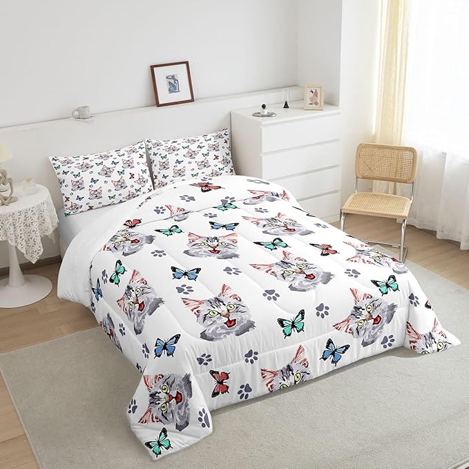 Feelyou Kids Cute Cat Comforter Set Colorful Butterfly Cute Kitten Bedding Set for Boys Girls Cartoon Pet Cats Comforter Kawaii Animal Quilt Room Decor Duvet Set Twin Size Boys