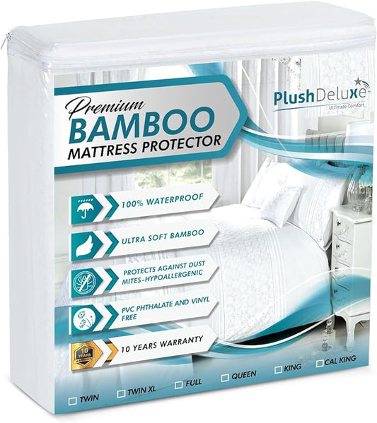 PlushDeluxe Premium Bamboo Mattress Protector – Twin Size, Waterproof, & Ultra Soft Breathable Noiseless Washable Bed Mattress Cover for Comfort & Protection - White