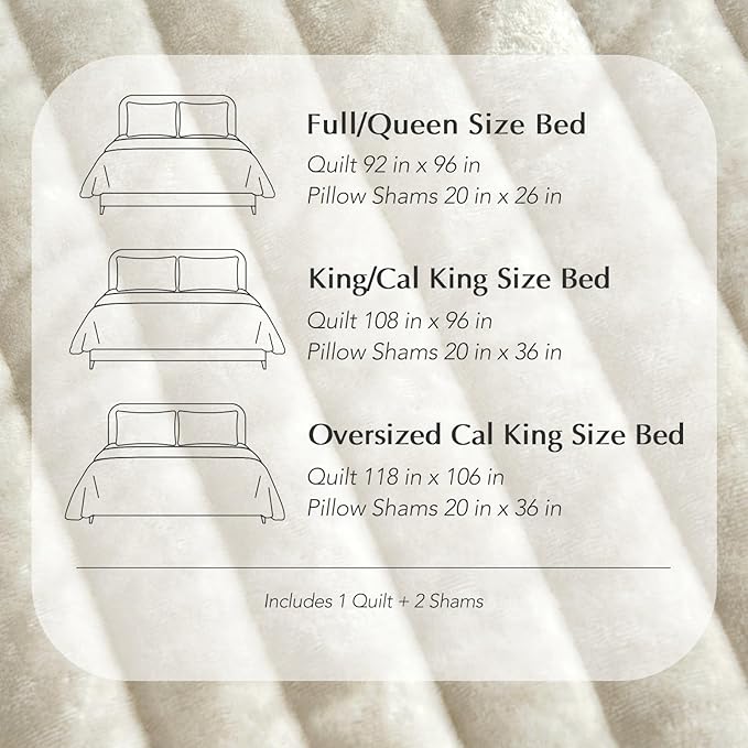 EVERGRACE Velvet Quilt Set King Size, Luxurious Soft Striped Channel Bedding Set, Lightweight Velvet Comforter for All Season, Oversized Bedspread Coverlet with 2 Matching Shams, Beige